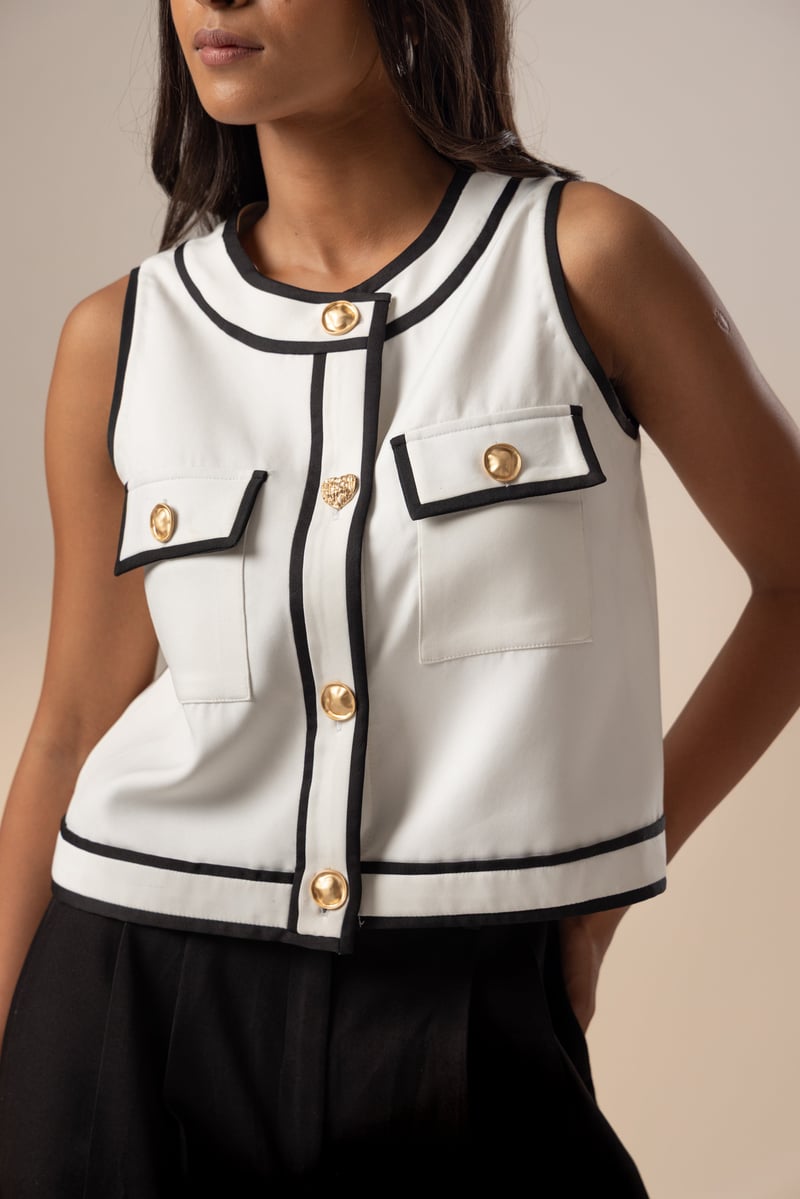White Crepe Sleeveless A-Line Top with Contrast Piping