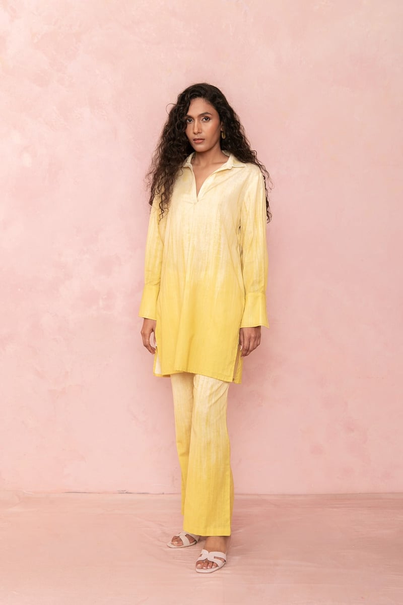 Ombre Yellow Cotton Flex Shirt and Pants Co-ord Set