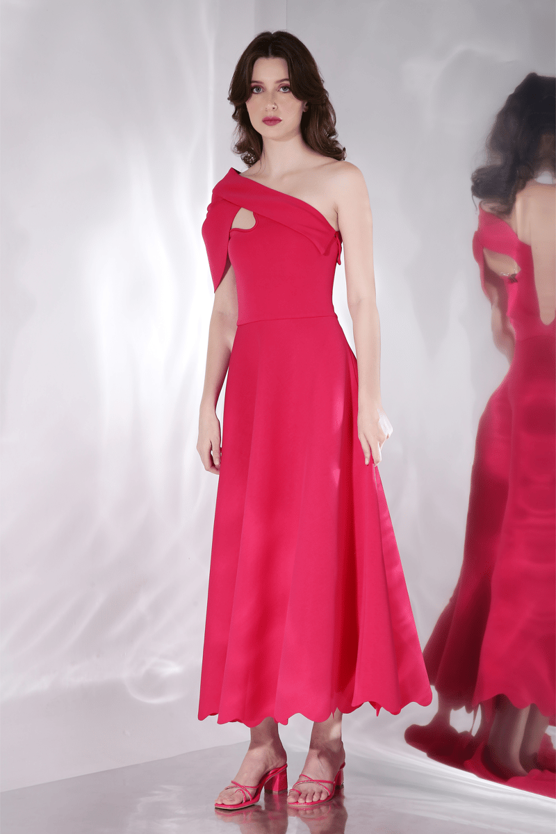 Hot Pink Fit and Flare Midi Dress with Detachable Bow