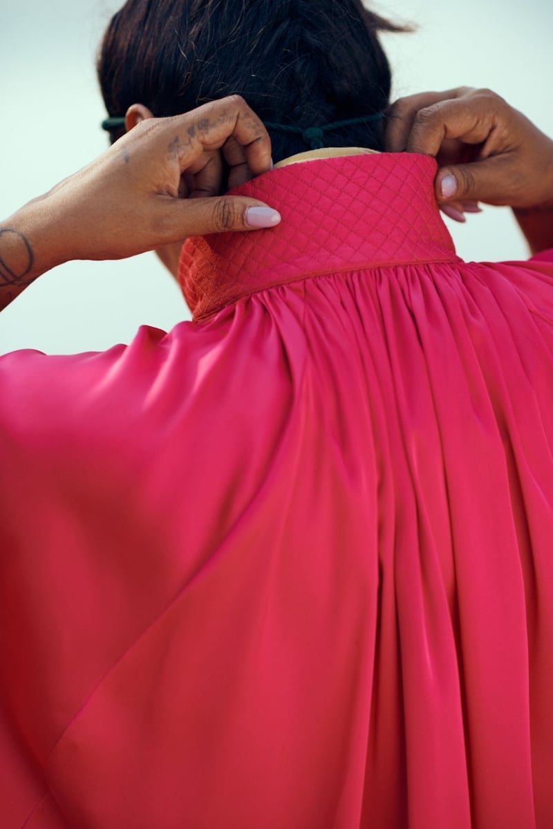 Fuchsia Pink Flowy Satin High-Neck Draped Top