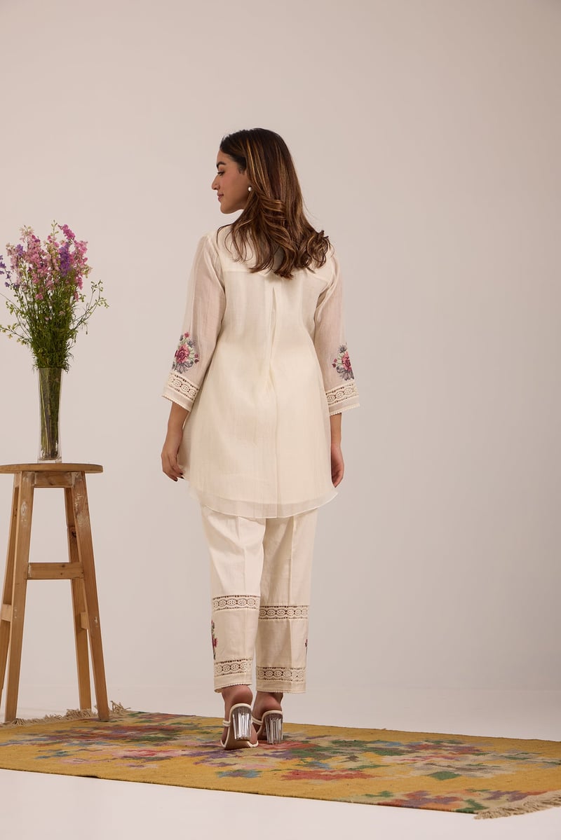 Off-White Mul Chanderi Shirt and Pants Co-ord Set