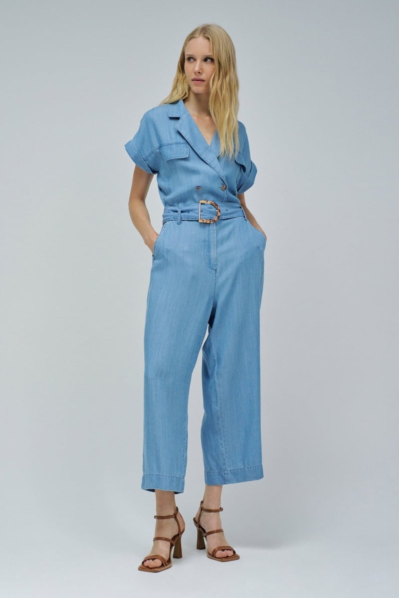 Blue Lightdenim Belted Wide-Leg Jumpsuit