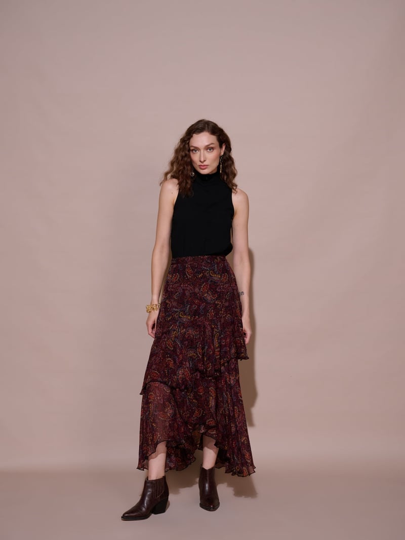 Wine Paisley Tiered Ruffle Midi Skirt