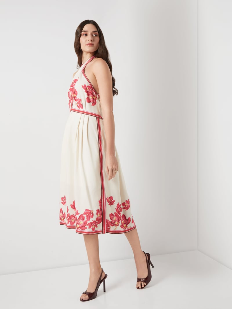 Cream/Pink Floral Halter Fit and Flare Midi Dress