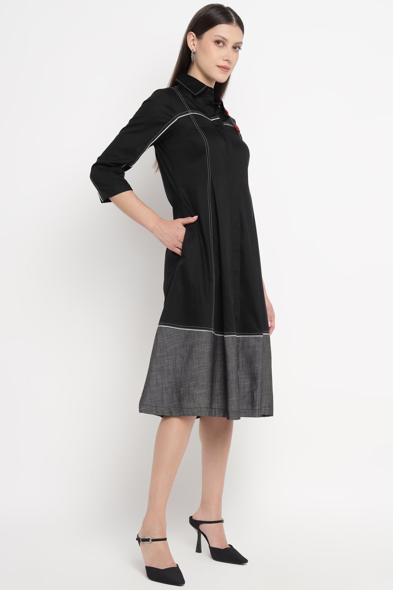Black A-Line Midi Shirt Dress with Grey Colorblock Hem