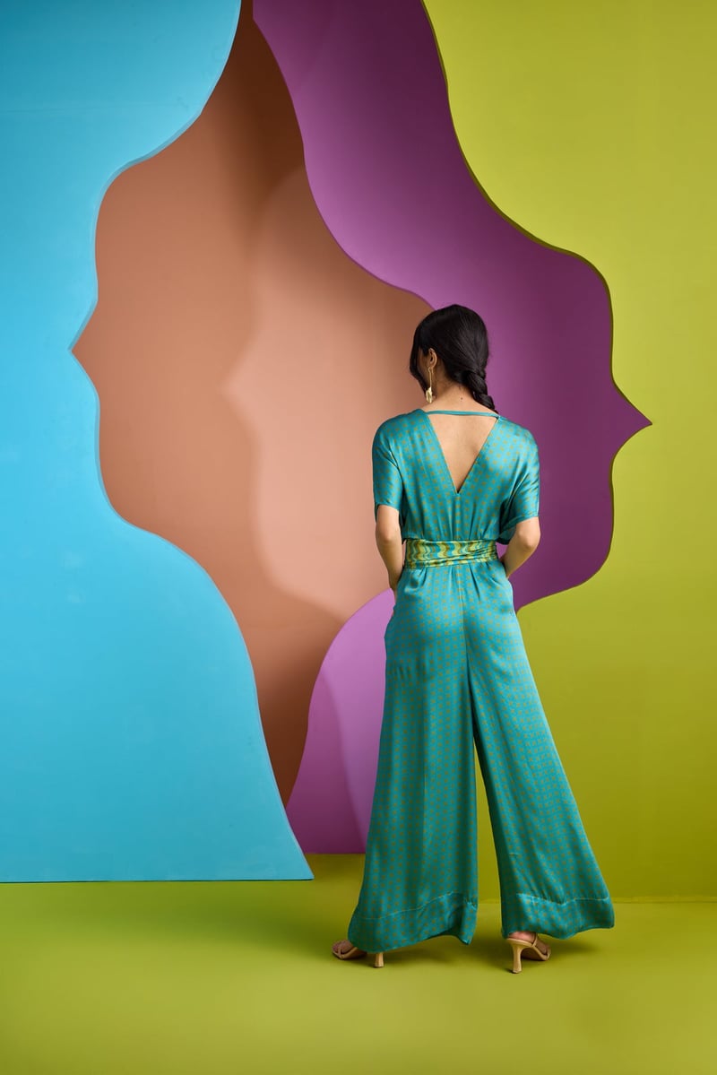 Teal Geometric Print Wide-Leg Maxi Jumpsuit with Tie Belt