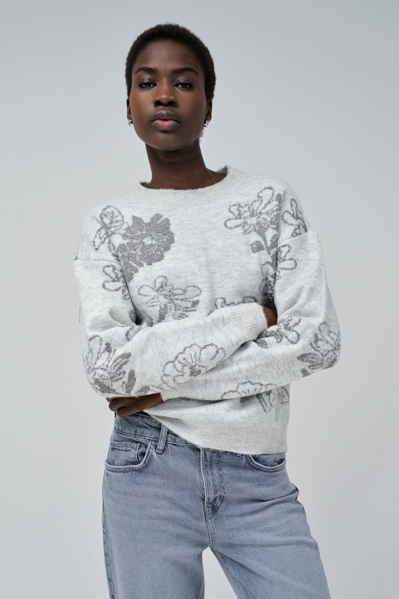 Medium Grey Floral Jacquard Jumper with Subtle Shimmer