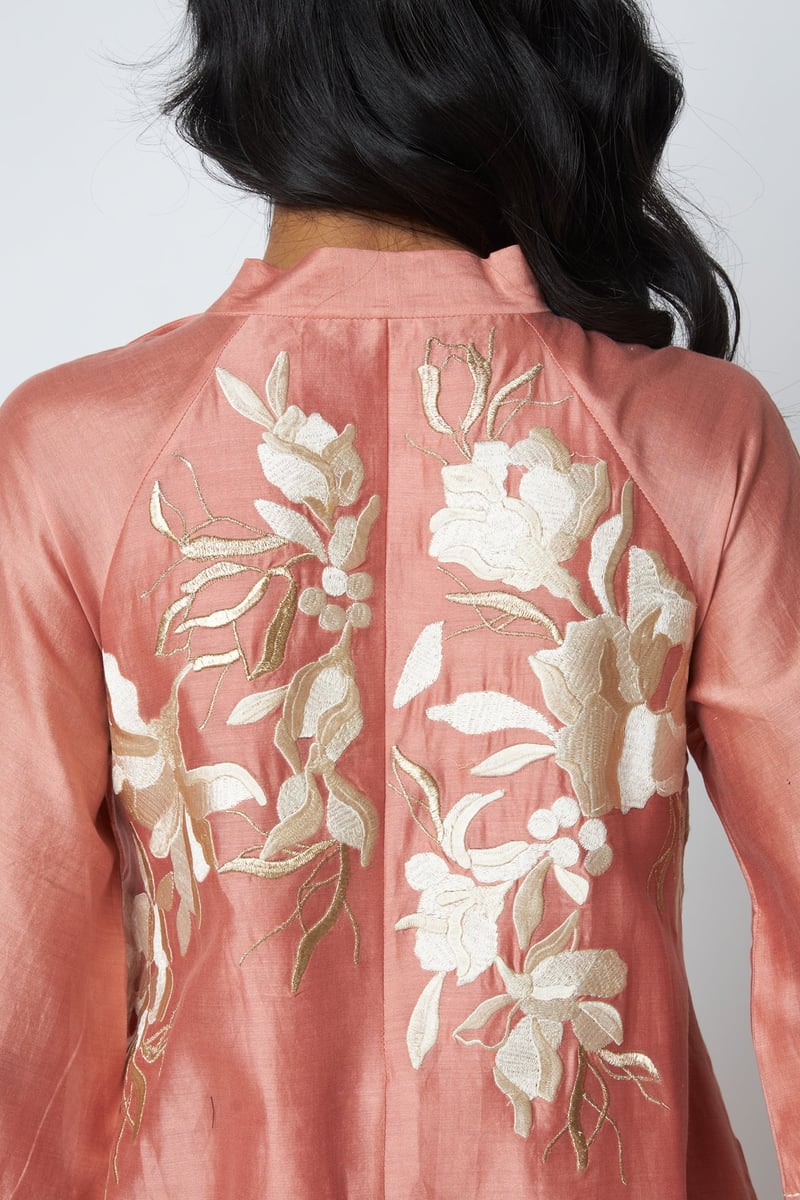 Old Rose Embroidered Achkan-Style Hi-Low Midi Dress