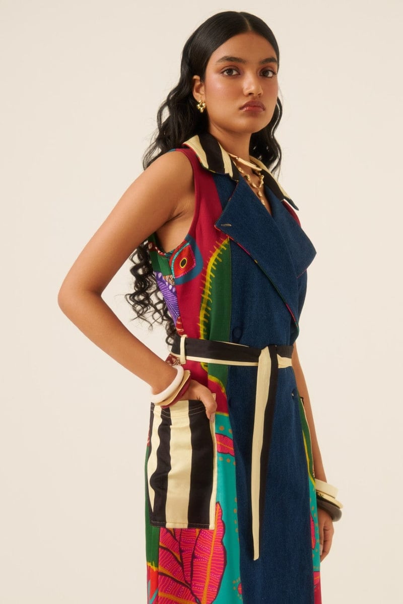 Multicolor Trench-Style Wrap Midi Dress with Belt