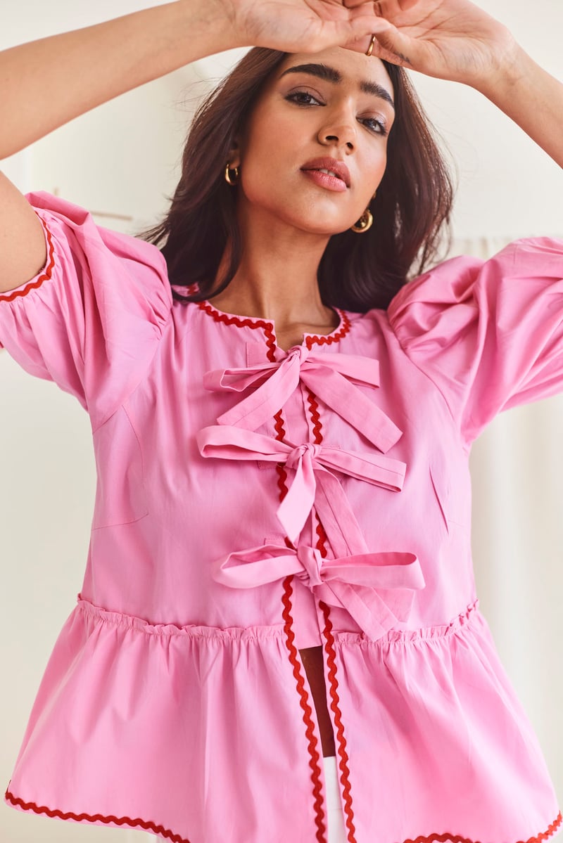 Pink Poplin Tie-Up Peplum Top with Puff Sleeves