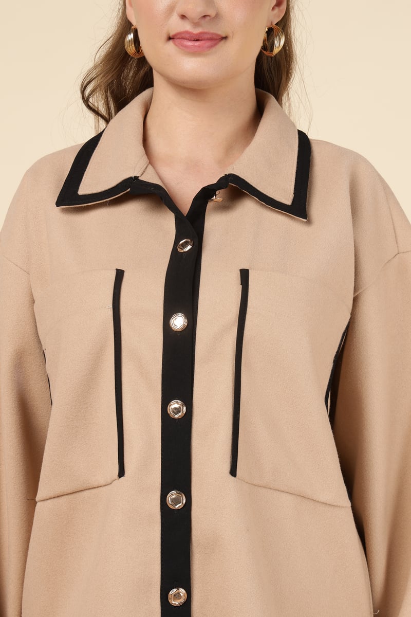Camel Colorblock Button-Front Shirt with Contrast Trim