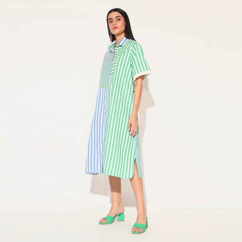 Blue Green Striped Panelled Cotton Midi Shirtdress