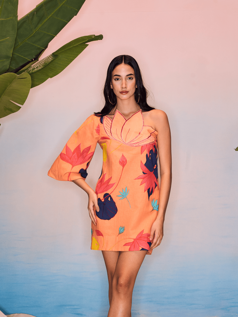 Peach Linen One-Shoulder Lotus Print Mini Dress