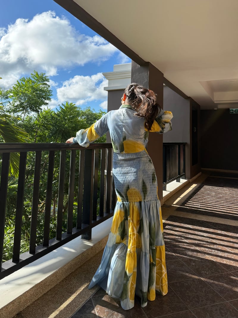 Blue Lemon Print Collared Tiered Maxi Dress
