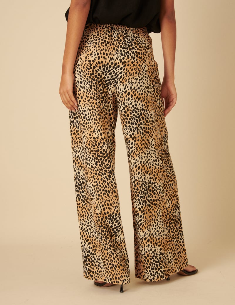 Beige Leopard Print Wide-Leg Drawstring Trousers