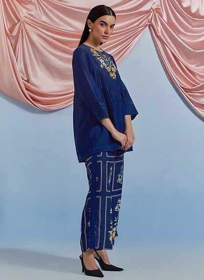 Airforce Blue Embroidered Top and Printed Pants Co-ord Set