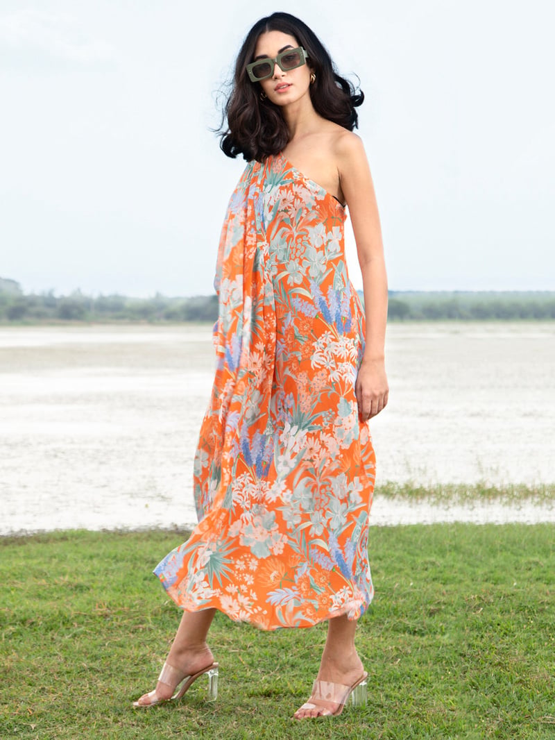 Orange One-Shoulder Floral Kaftan Midi Dress