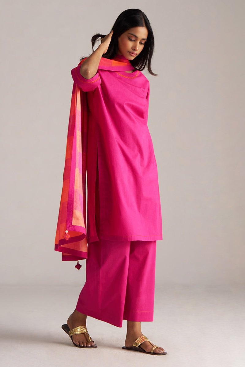 Fuchsia Straight Kurta and Wide-Leg Pants Set with Dupatta
