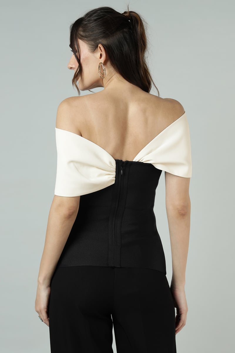 Black and Ivory Colorblock Asymmetric Off-Shoulder Top