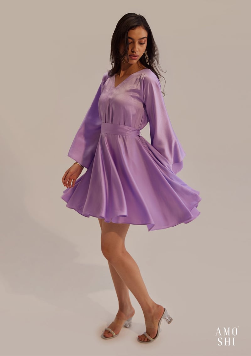Lilac Satin Fit and Flare Mini Dress with Belt
