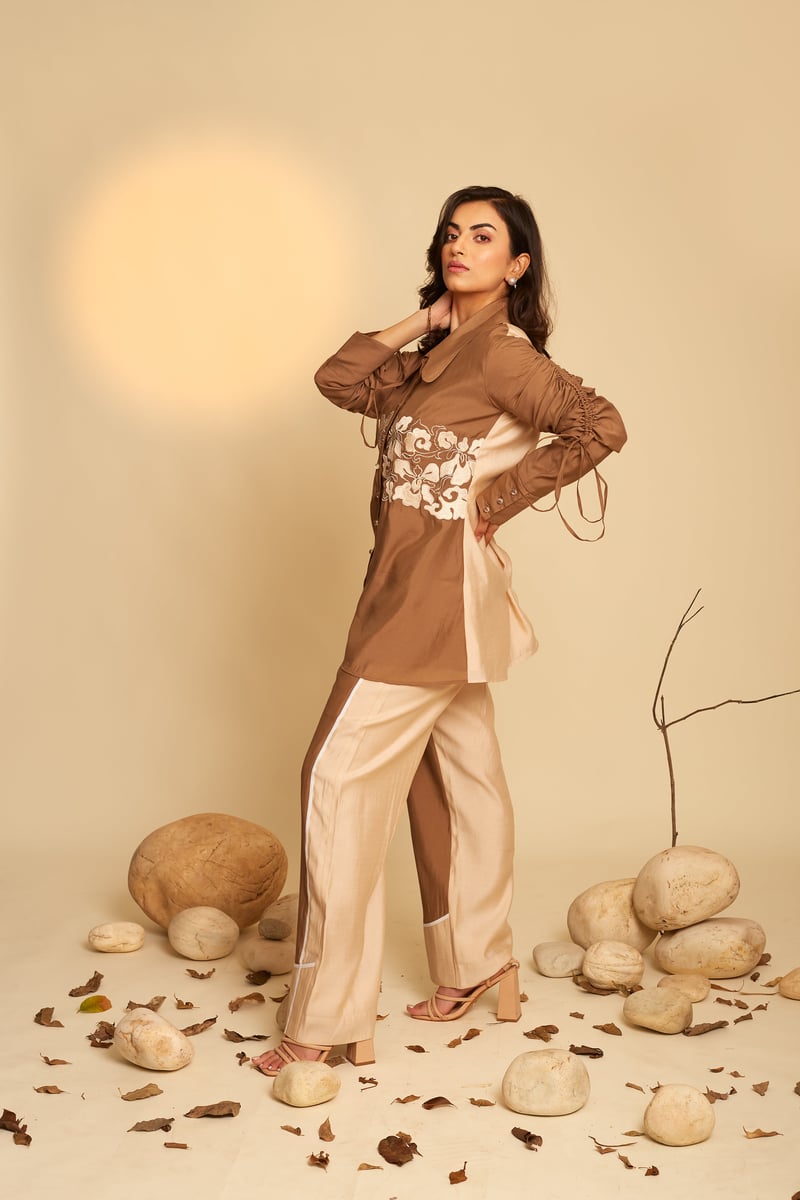 Brown and Cream Colorblocked Embroidered Co-ord Set