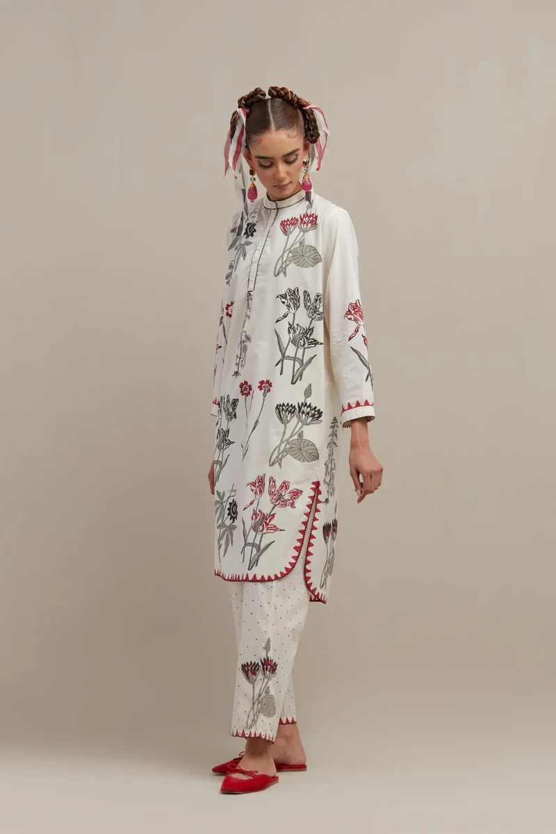 Off-White Floral Printed Straight Cotton Kurta Set with Dupatta
