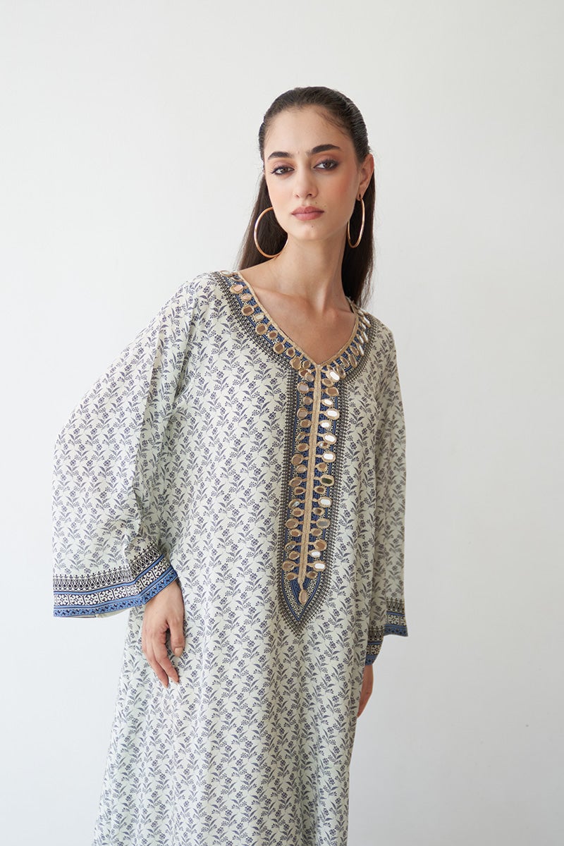 White and Blue Printed Kaftan with Mirror Work Neckline