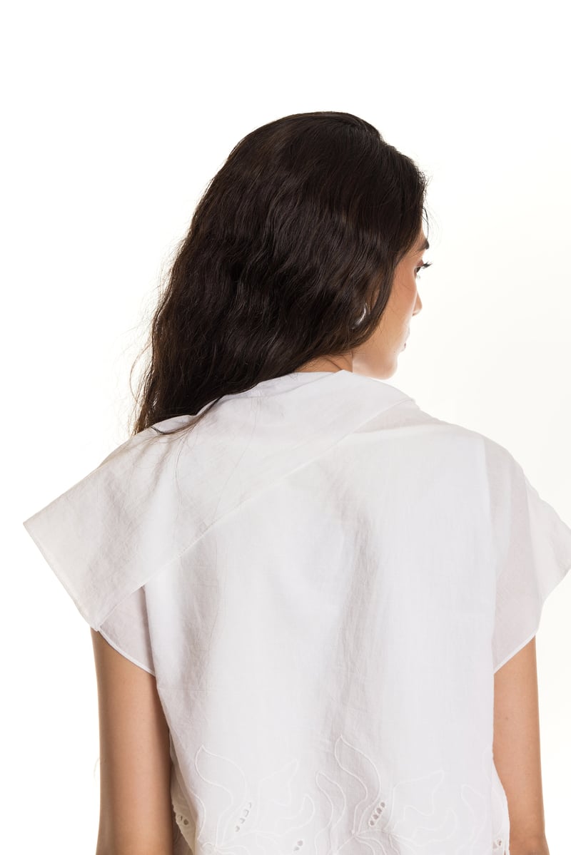 White Cotton Schiffli Drape Top with Scalloped Hem