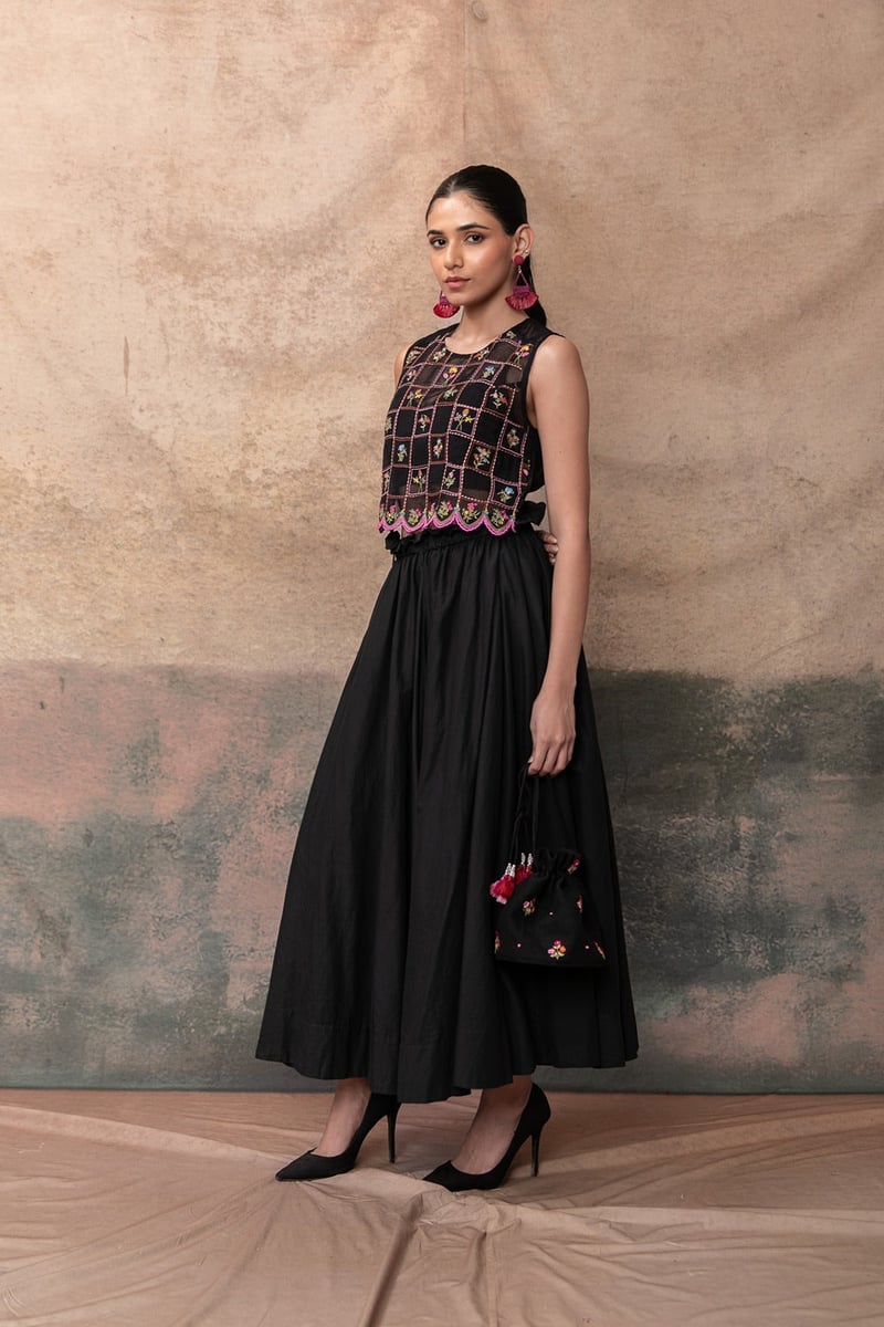 Black Embroidered Crop Top and Maxi Skirt Co-ord Set