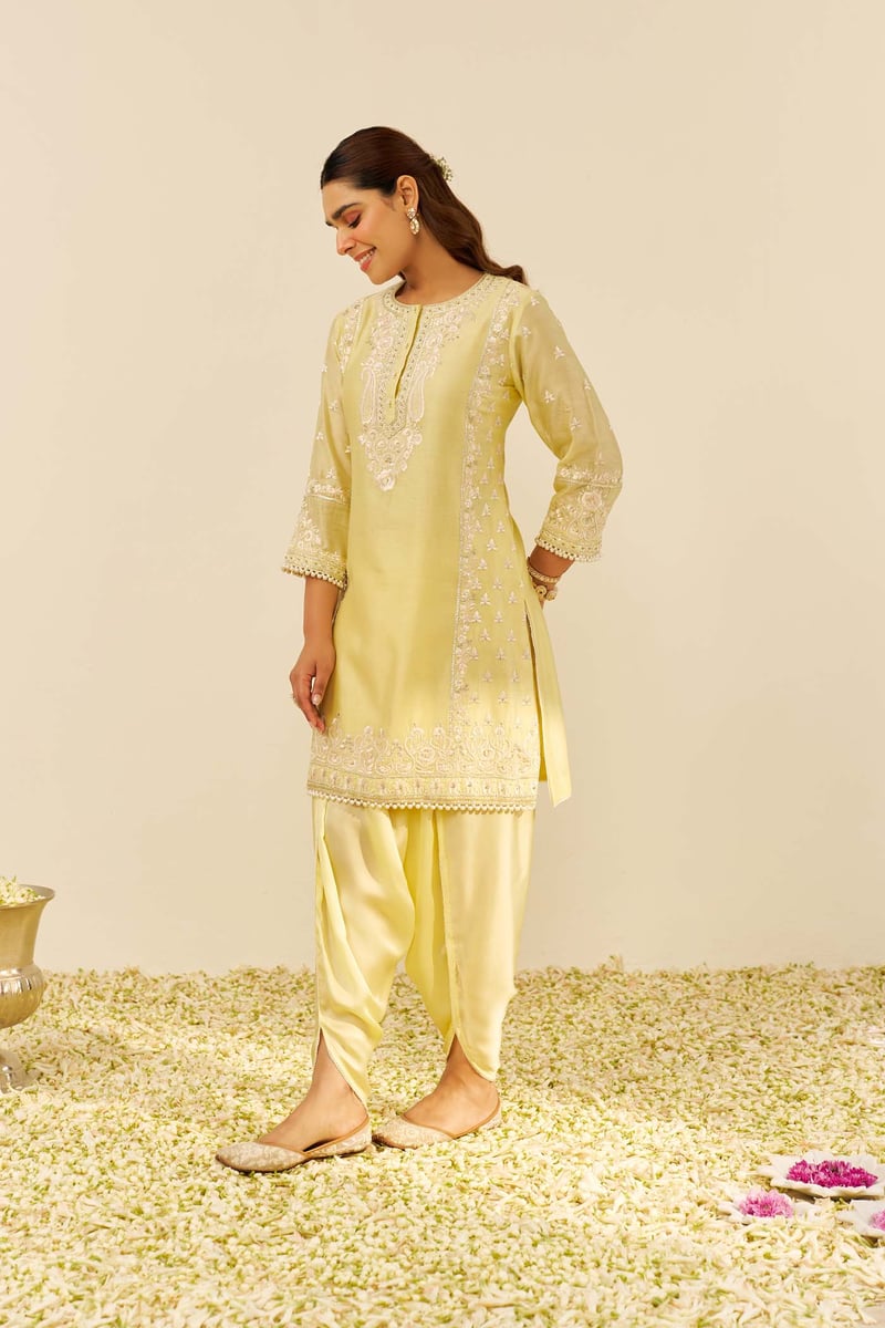 Lemon Yellow Embroidered Kurta and Dhoti Set