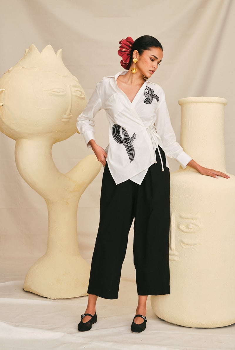 Off-White Cotton Poplin Wrap Shirt with Black Applique