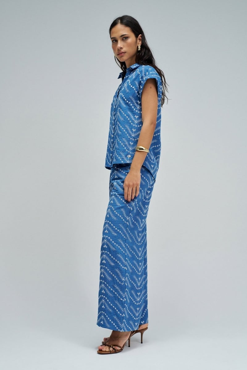 Blue Geometric Print Collared Short-Sleeve Shirt