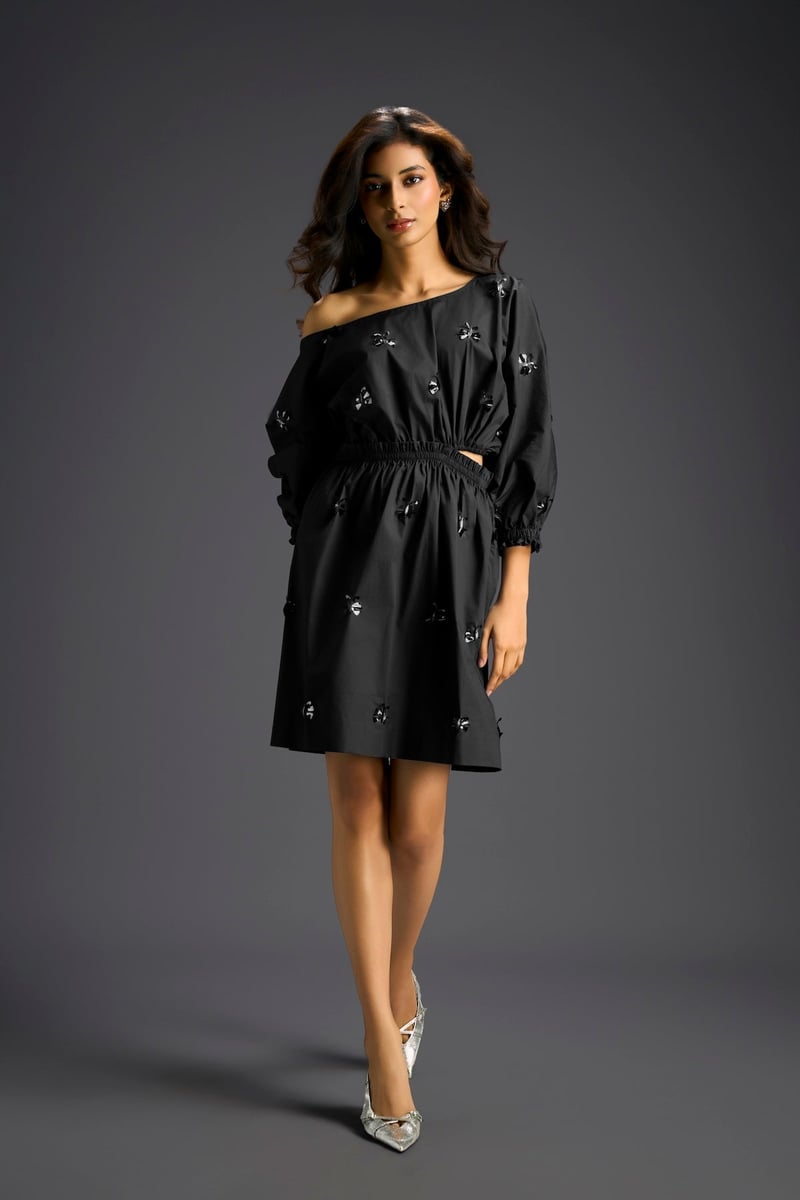 Black One-Shoulder Cotton Dress with Butterfly Embellishments