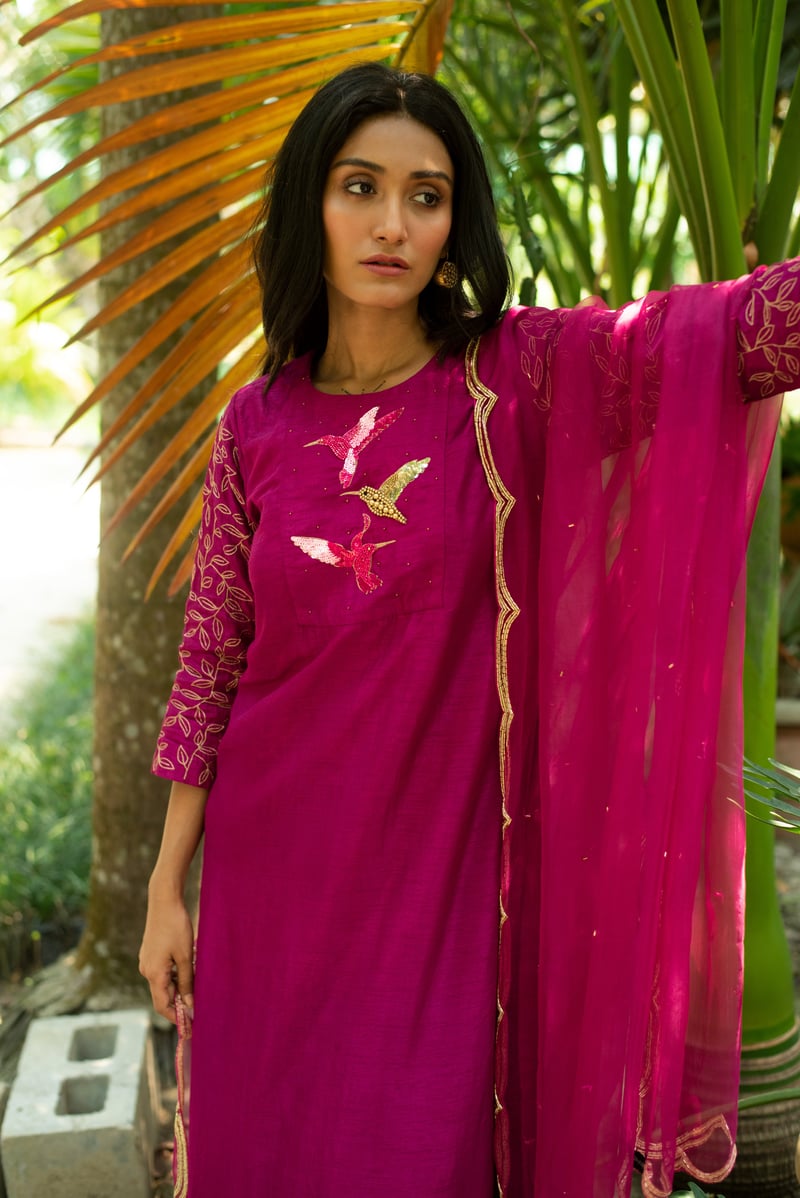 Pink A-Line Embroidered Kurta Set With Palazzo And Dupatta