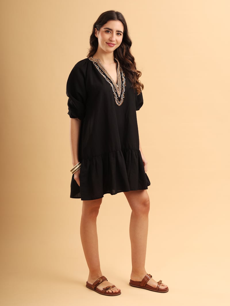 Black Tiered Mini Dress with Embroidered V-Neck
