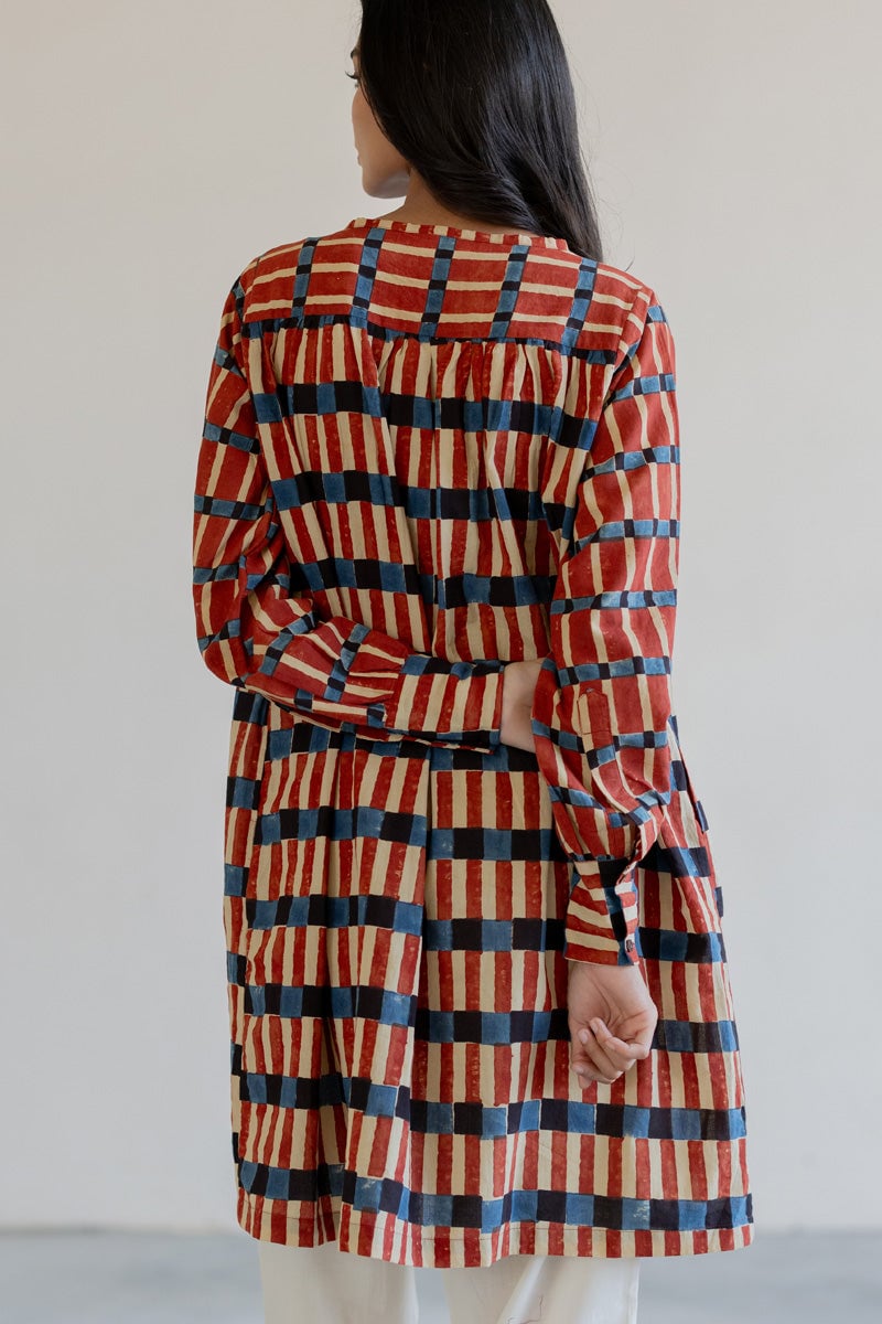 Multicolor Block Print Striped Pintuck Tunic Kurta