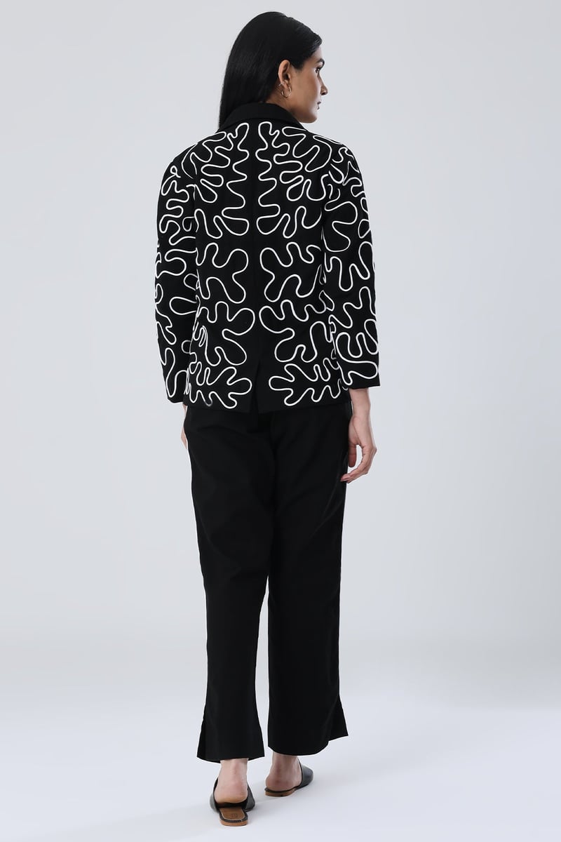 Black Organic Cotton Twill Blazer with White Dori Work
