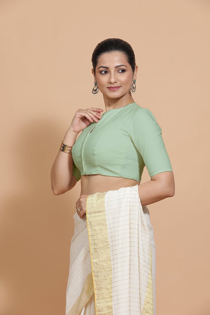 Light Sage Cotton Saree Blouse with Elbow Sleeves