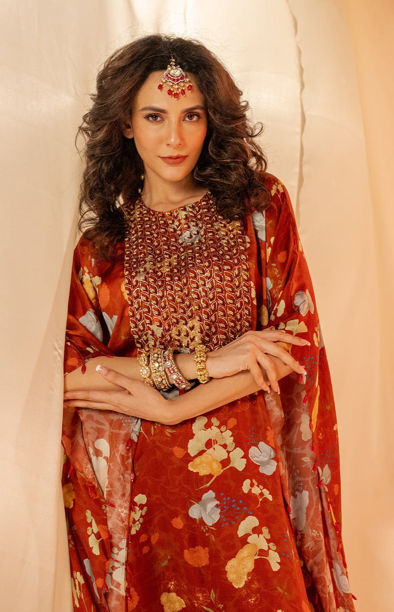 Maroon Floral Kaftan Kurta Set with Embroidered Yoke