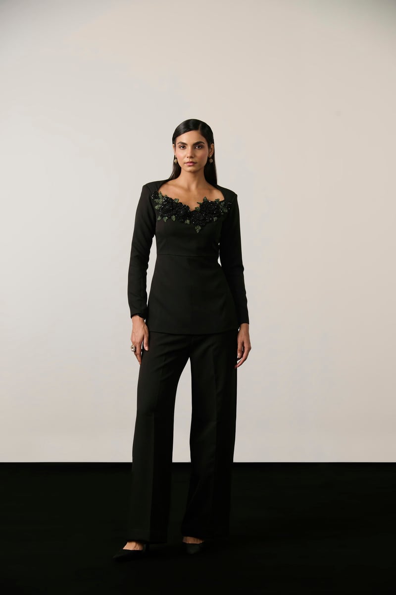 Black Embellished Peplum Top and Wide-Leg Co-ord Set — Label IRIS