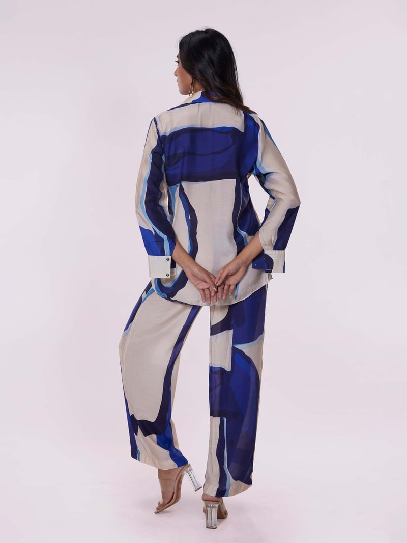 Blue Abstract Printed Shirt and Wide-Leg Pants Co-ord Set