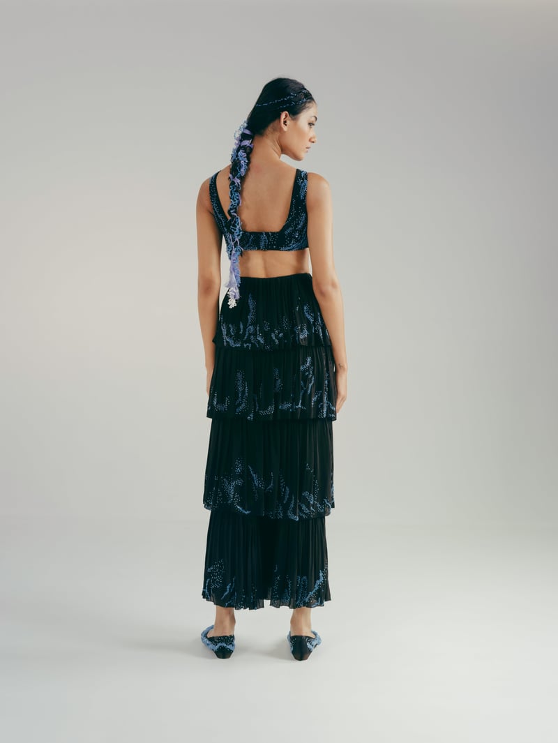 Black Embellished Bustier and Tiered Maxi Skirt Co-ord Set