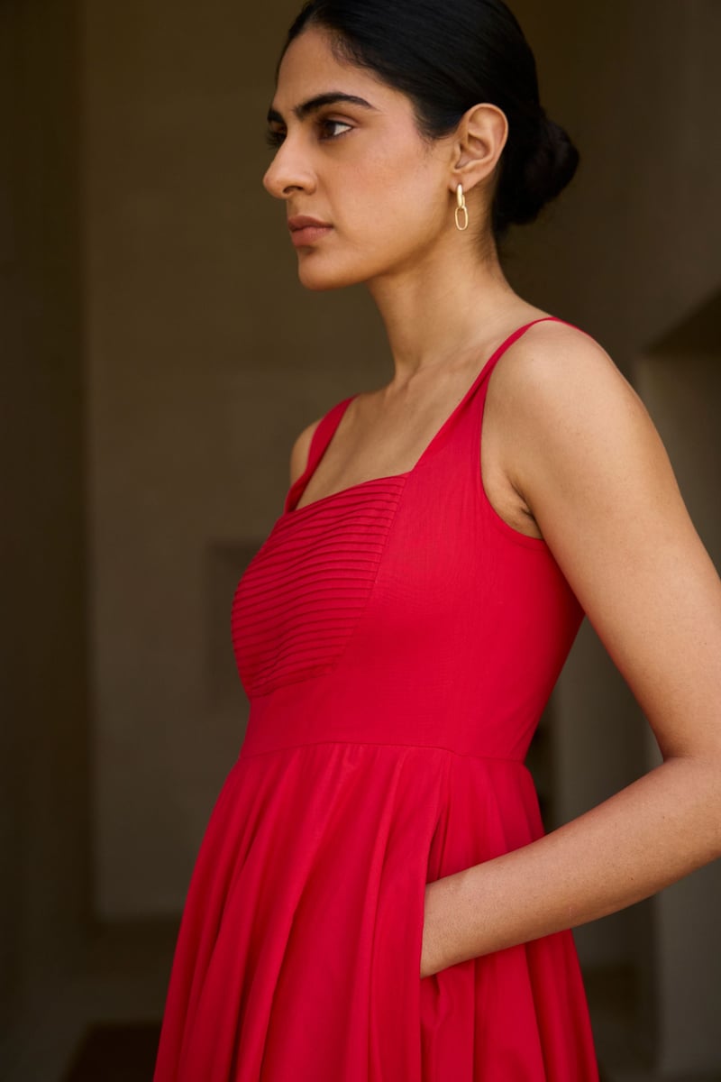 Red Cotton Cambric Fit and Flare Square Neck Midi Dress