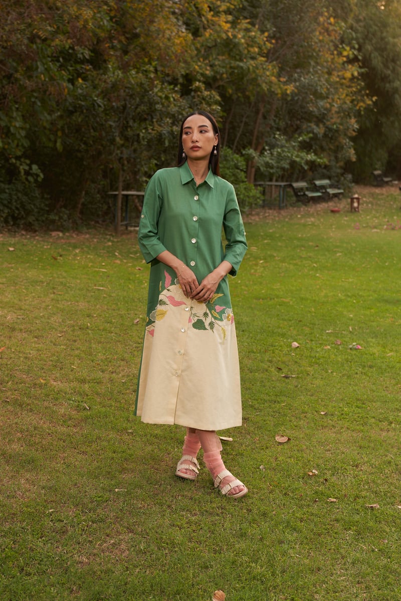 Green Two-Tone Midi Shirt Dress with Applique Detail