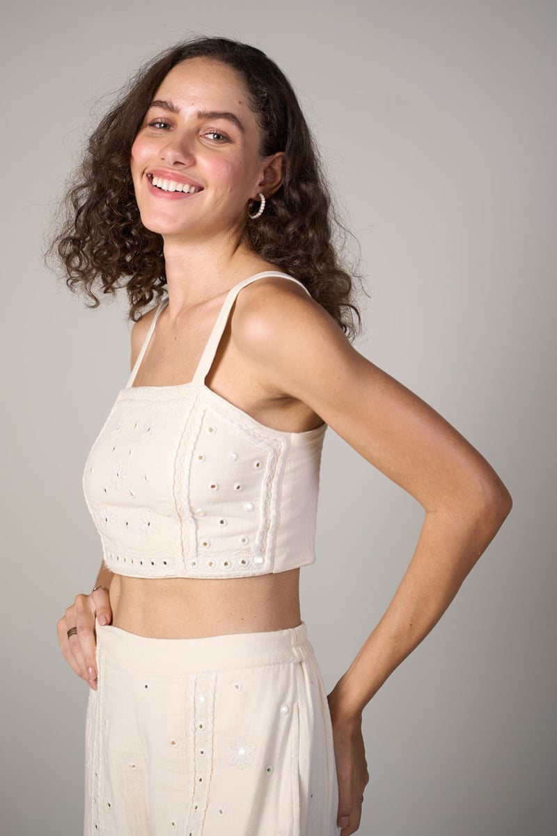White Square Neck Mirror Embroidered Crop Top