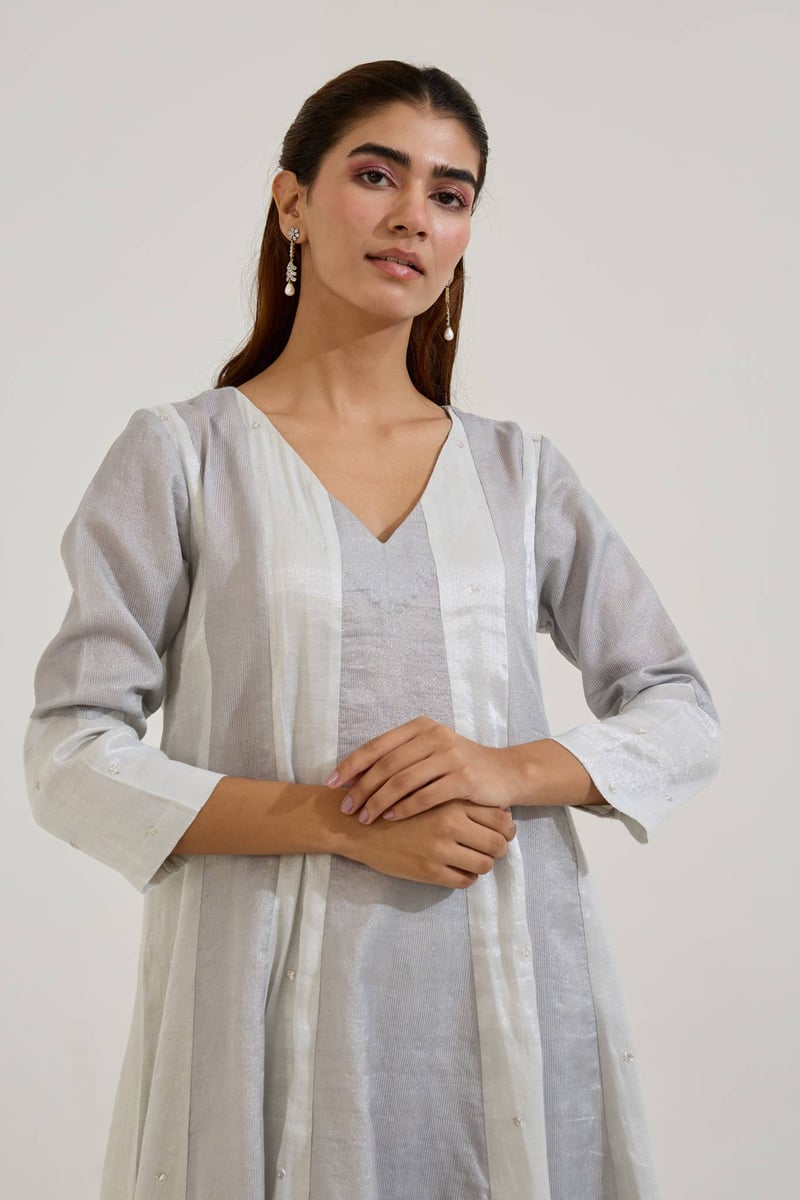 Silver Panelled Anarkali Kurta Set with Wide-Leg Pants