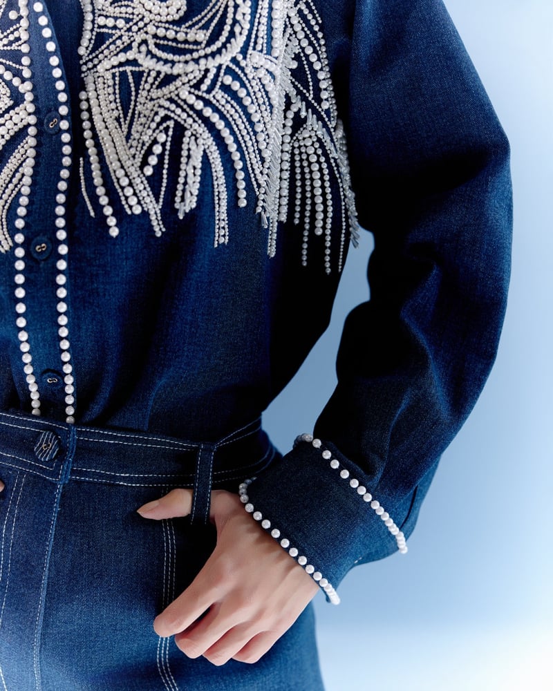 Blue Denim Pearl Embellished Button-Down Shirt