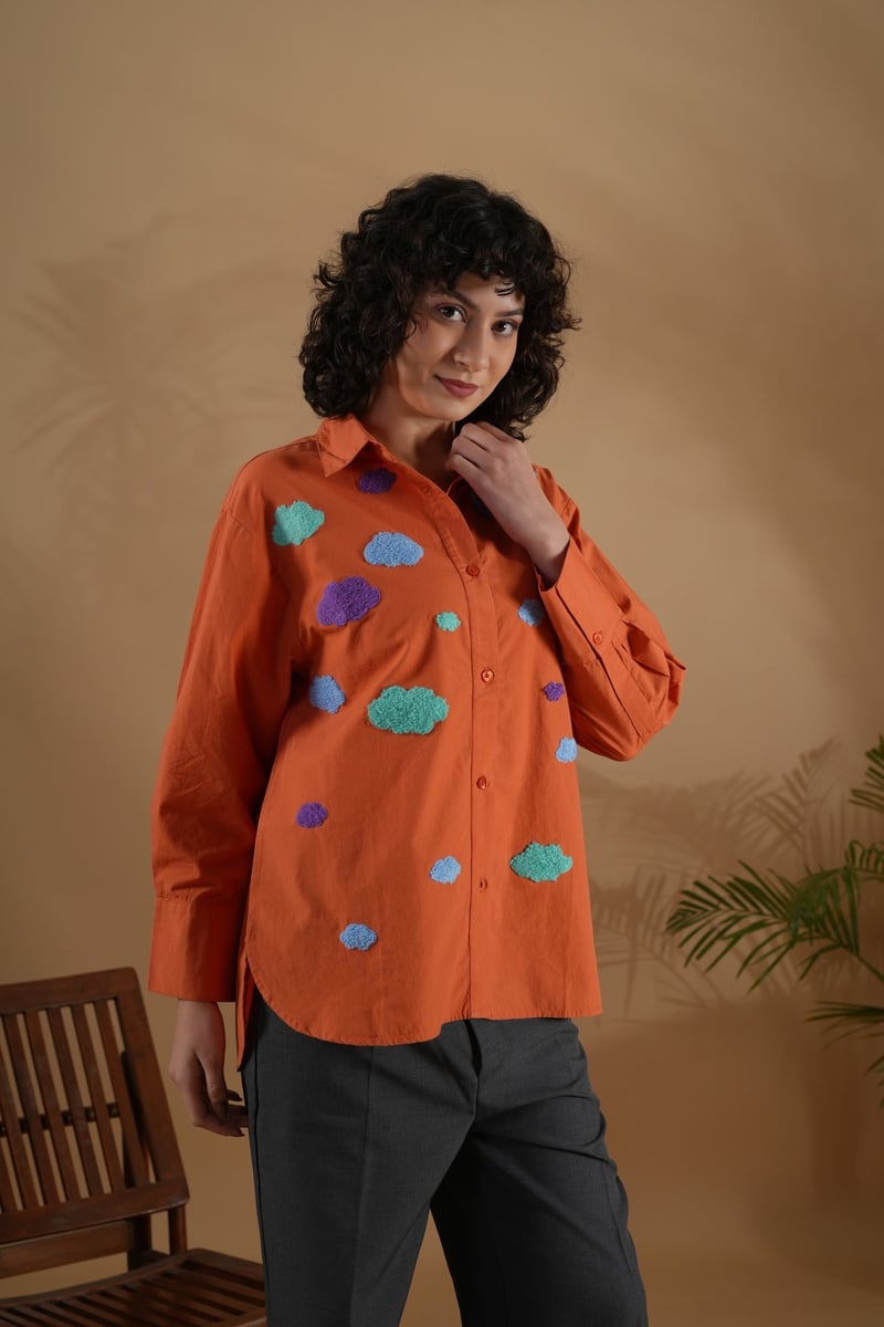 Orange Cotton Comfort-Fit Embroidered Shirt