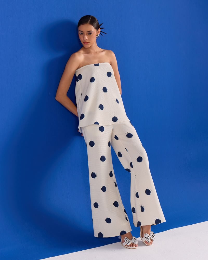 Blue/White Strapless Polka Dot Cotton Waffle Dress