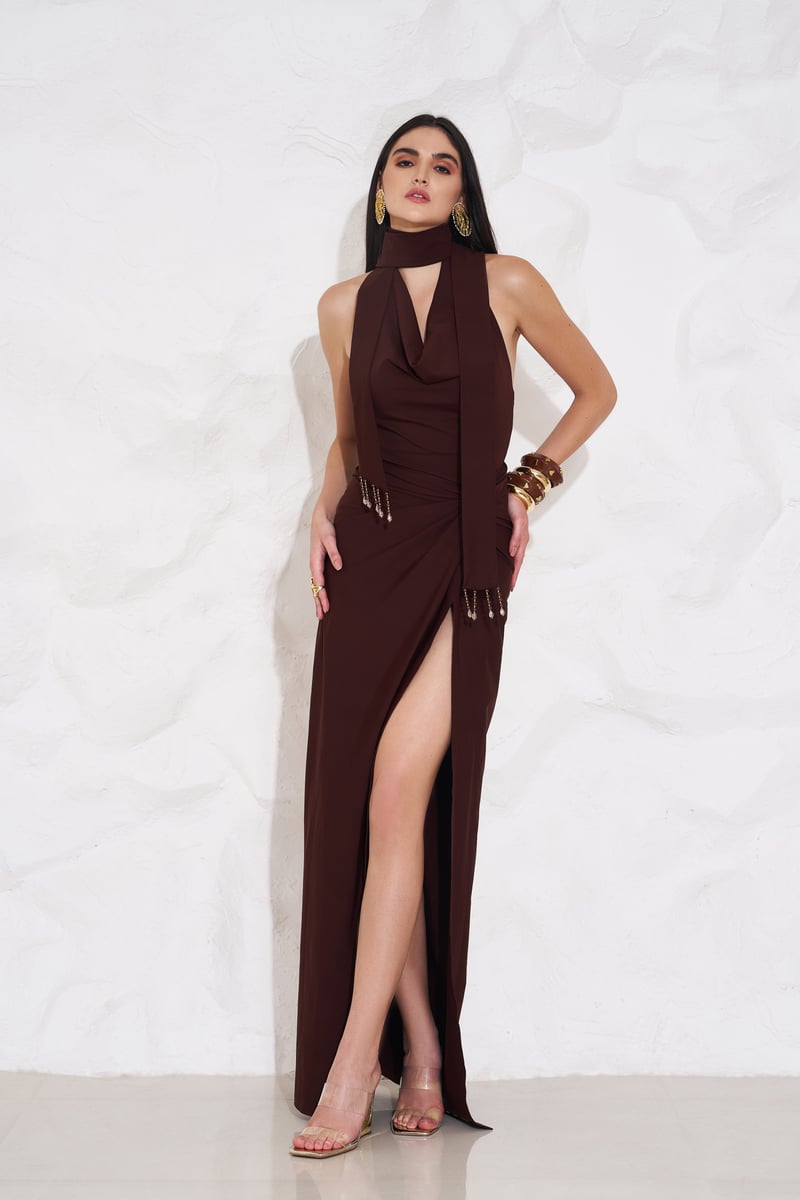Brown Lycra Cowl Neck Halter Backless Top